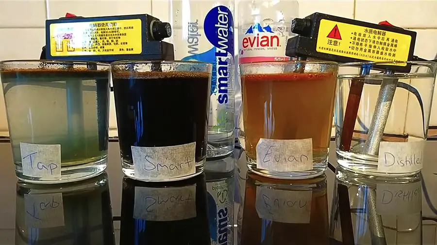 testing tap water smart water evian water and distilled water using a electrolyzer