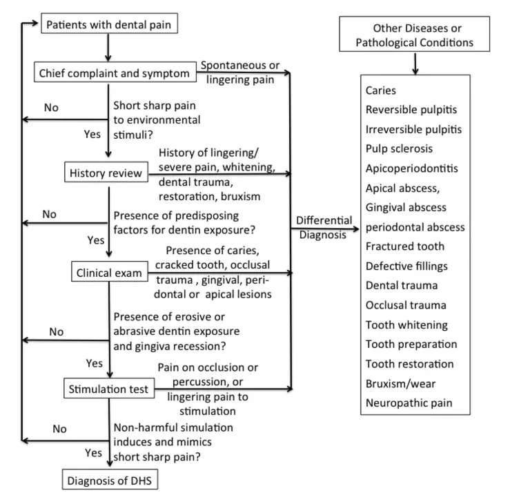 Diagrama de fluxo para diagnóstico diferencial de tratamento da hipersensibilidade dentinária (DHS)